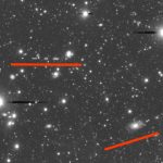 May 2018: The UltraDeep fields are observed repeatedly and are suited to search for moving objects. This is a blow-up of the COSMOS field. Although it is far away from the ecliptic plane, we identify many moving objects at the depth of HSC. The red bars are to guide the eye.