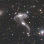 July 2020: As the previous HSC pictures of the months have shown, galaxy-galaxy interactions are a common event in the Universe. Interactions sometimes distort galaxies in an interesting way. HSC people call this galaxy a jelly fish galaxy.